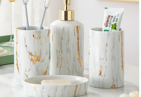 Luxury Marble Ceramic Bathroom Wash Kit – Elegant Vanity Set for Soap, Toothbrush & Accessories