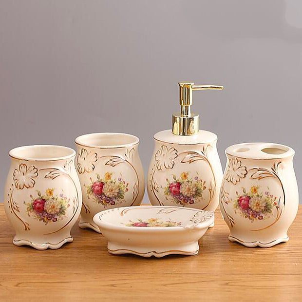 Luxury European Ceramic Bathroom Set – 5-Piece Bathroom Accessories Kit