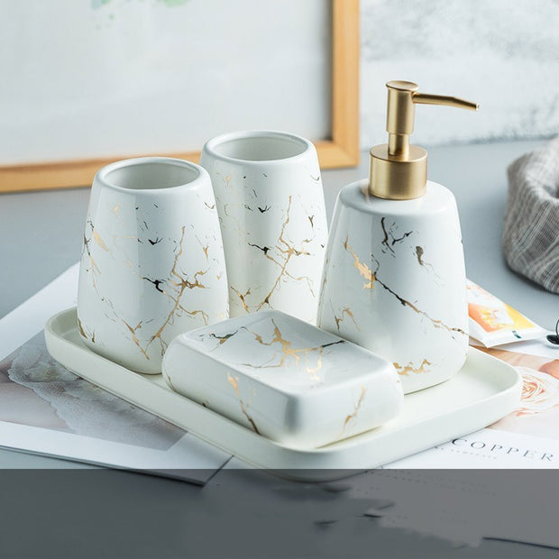 Elegant Ceramic Bathroom Wash Set – 5-Piece Luxury Bathroom Accessories