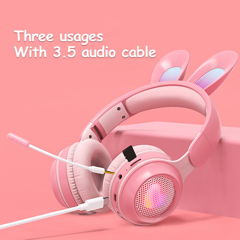 Wireless Rabbit Ear Headphones – Luminous LED, Extendable, Cute Design with Mic for Kids, Teens & Gaming