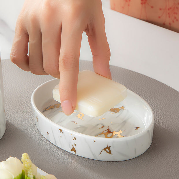 Luxury Marble Ceramic Bathroom Wash Kit – Elegant Vanity Set for Soap, Toothbrush & Accessories
