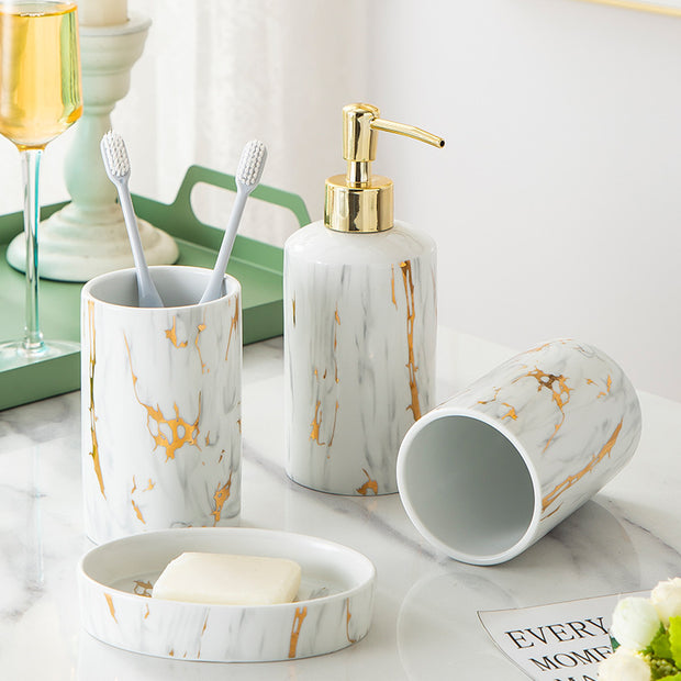 Luxury Marble Ceramic Bathroom Wash Kit – Elegant Vanity Set for Soap, Toothbrush & Accessories